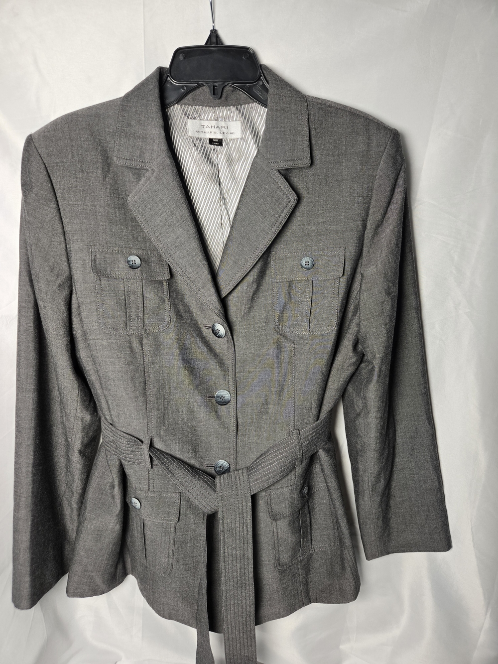 Tahari Charcoal Gray Belted Notch-Lapel Blazer